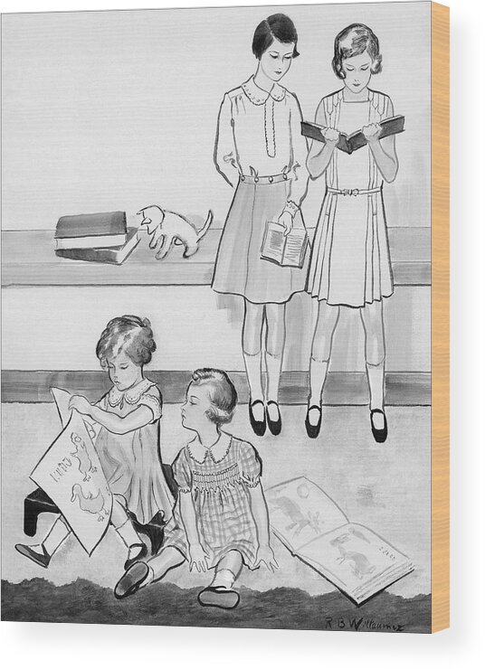 Children Wood Print featuring the digital art Sketch Of Four Young Girls by Rene Bouet-Willaumez