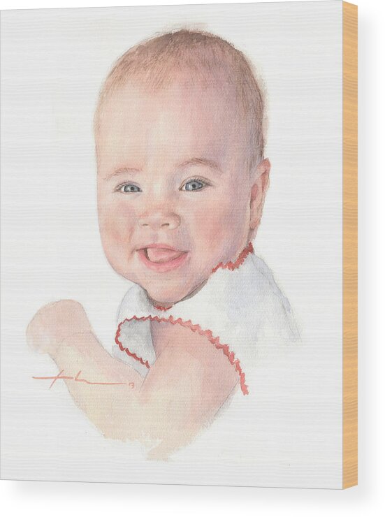 <a Href=http://miketheuer.com Target =_blank>www.miketheuer.com</a> Smiling Baby Girl Watercolor Portrait Wood Print featuring the drawing Smiling Baby Girl Watercolor Portrait by Mike Theuer