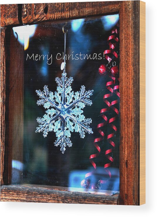 Christmas Wood Print featuring the pyrography Snowflake In Window Text 20507 by Jerry Sodorff