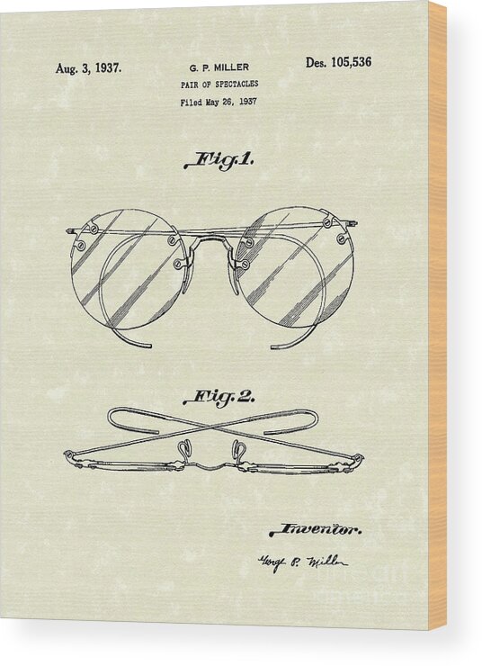 Miller Wood Print featuring the drawing Spectacles 1937 Patent Art by Prior Art Design