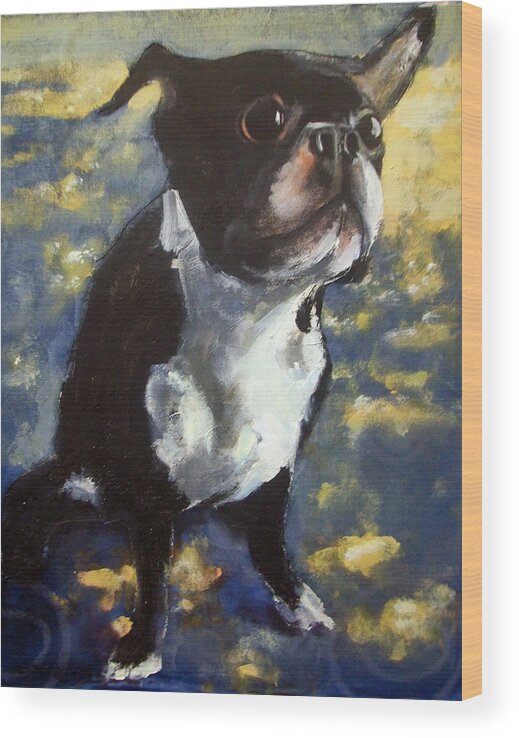 Dog Portrait Boston Terrier Wood Print featuring the painting Spencer by Tom Smith