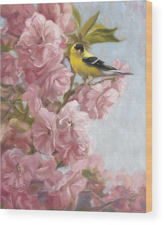 American Goldfinch Wood Print featuring the painting Spring Blossoms by Lucie Bilodeau