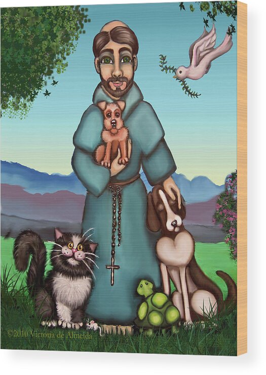 St. Francis Wood Print featuring the painting St. Francis Libertys Blessing by Victoria De Almeida