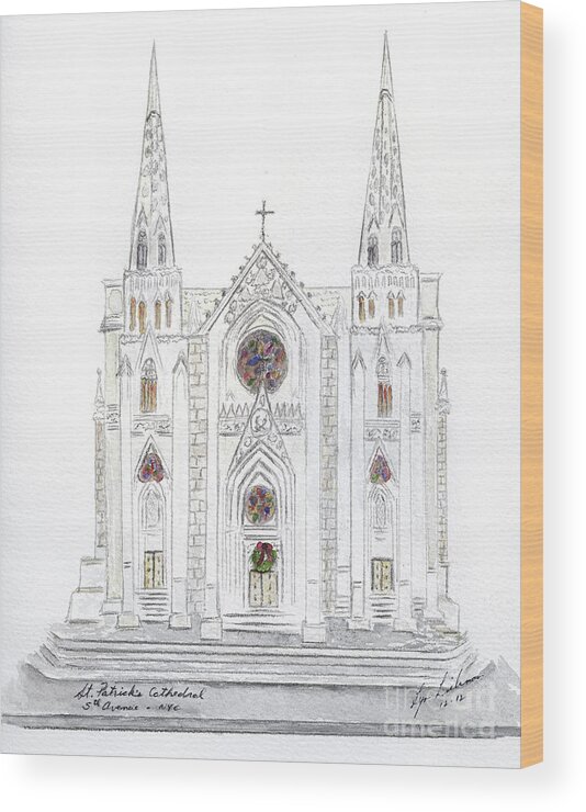 St. Patrick's Cathedral  5th Avenue  Nyc Christmas Wood Print featuring the painting Christmas at St. Patrick's Cathedral by AFineLyne