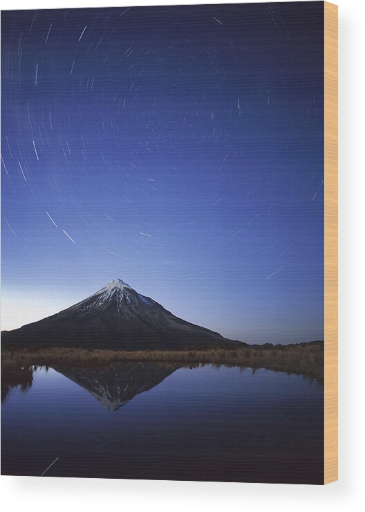 Feb0514 Wood Print featuring the photograph Star Trails Over Mt Taranaki New Zealand by Harley Betts