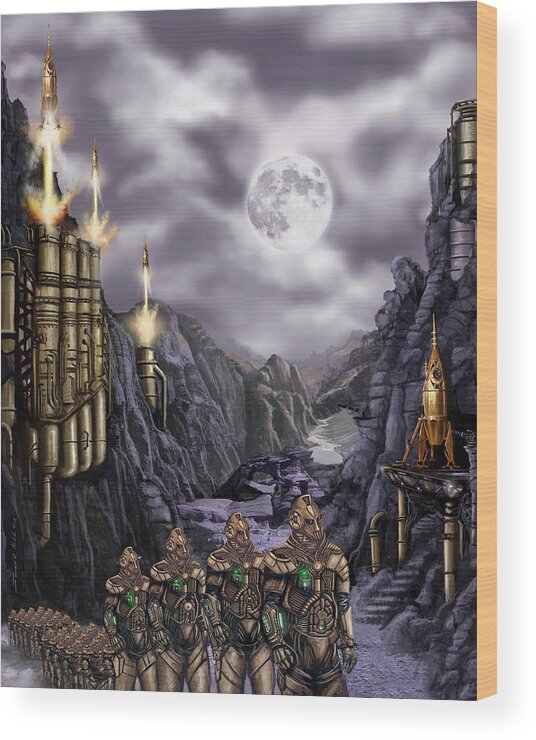 Steampunk Wood Print featuring the painting Steampunk Moon Invasion by James Hill