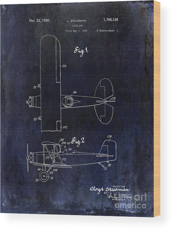 Stearman Airplane Wood Print featuring the photograph 1929 Stearman Patent Drawing Blue by Jon Neidert