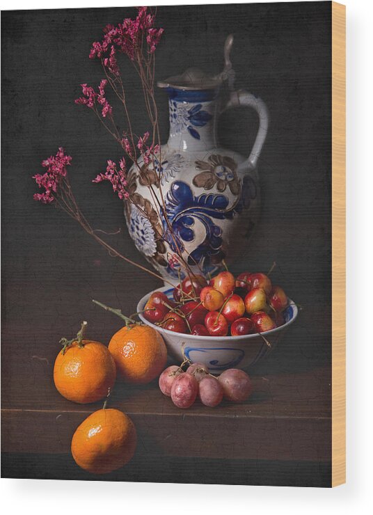 Ontbijt Wood Print featuring the photograph Still Life with Cherries-Oranges and Blue Tankard by Levin Rodriguez