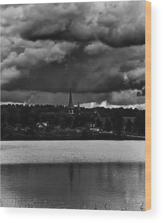 St. Peter Evangelical Lutheran Church And School - Weyauwega Wood Print featuring the photograph Storm Clouds Over Weyauwega by Thomas Young