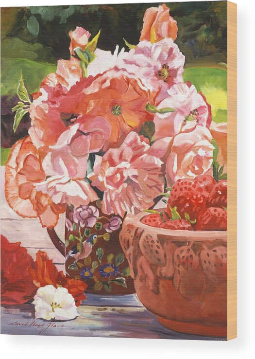 Still Life Wood Print featuring the painting Strawberries And Flowers by David Lloyd Glover