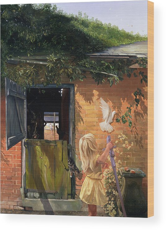 Dove; Michaelmas Daisy; Barn Door; Ivy Wood Print featuring the painting Summer Reflection by Timothy Easton