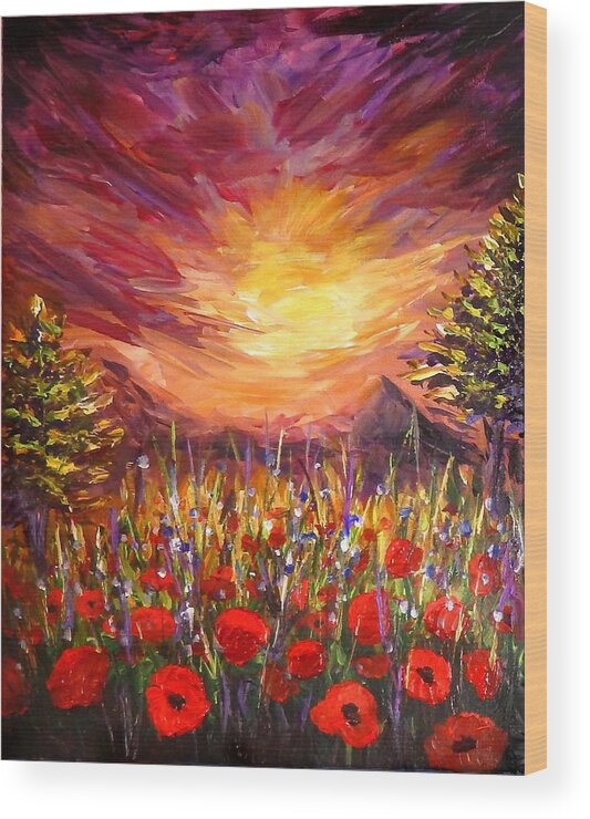 Original Art Wood Print featuring the painting Sunset in Poppy Valley by Lilia D
