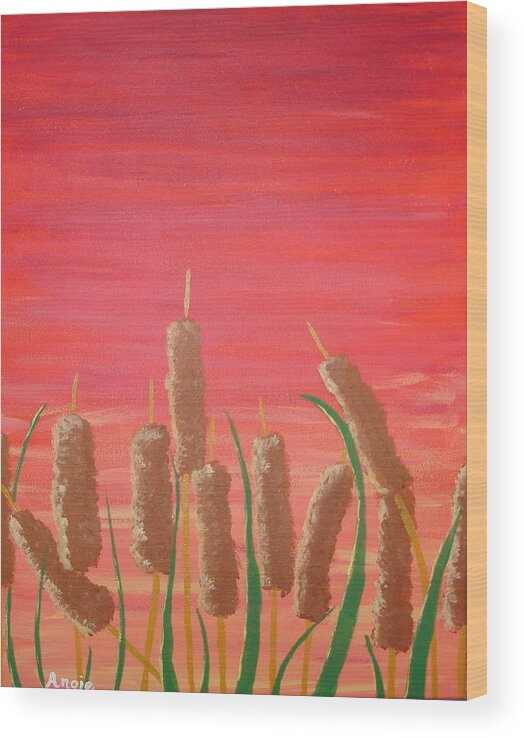 Landscape Wood Print featuring the painting Sunst Cattails by Angie Butler