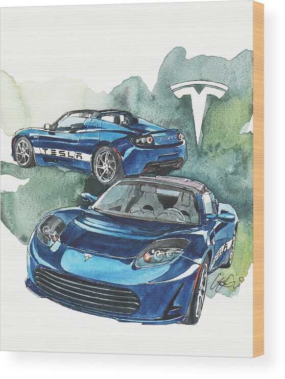 Electric Sport Car Tesla Wood Print featuring the painting Tesla by Yoshiharu Miyakawa