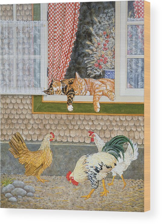Chicken Cat Bantam Cockerel Wood Print featuring the photograph The Fowl And The Pussycats by Ditz