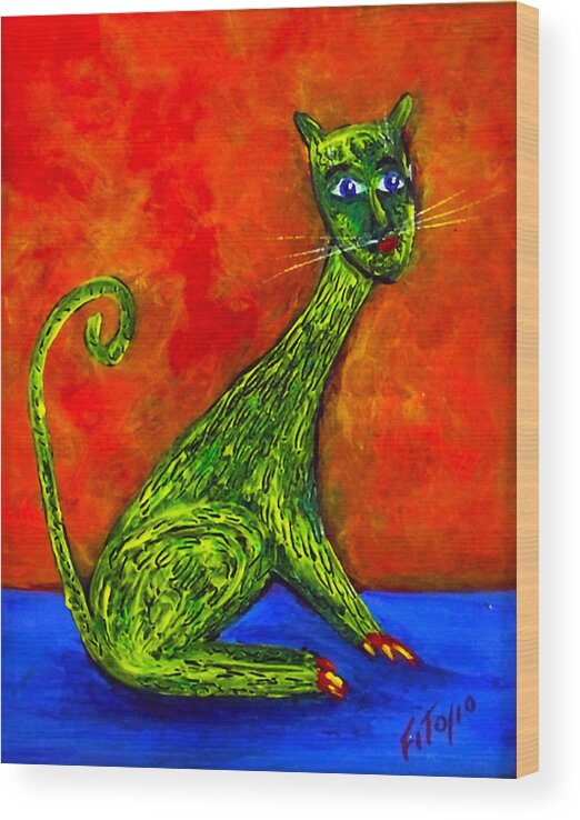Cats Wood Print featuring the painting The Green Cat by Adolfo Flores