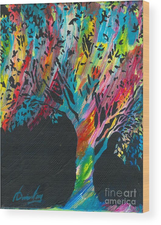 Multicolored Tree Wood Print featuring the painting The Happy Tree by Denise Hoag