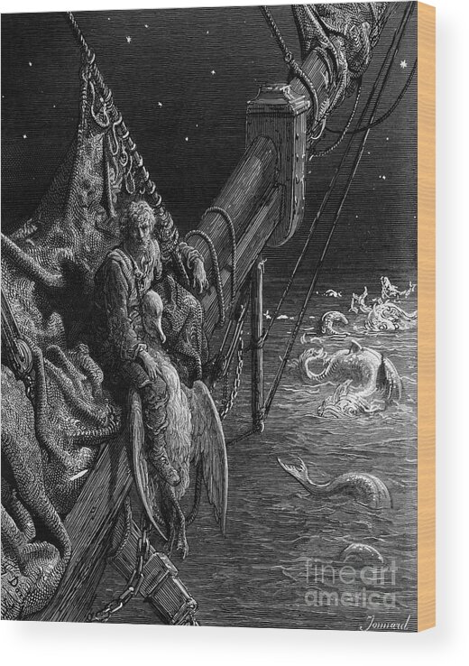 Albatross; Sailor; Vessel; Ship; Sea; Snake; Serpent; Dore Wood Print featuring the drawing The Mariner gazes on the serpents in the ocean by Gustave Dore