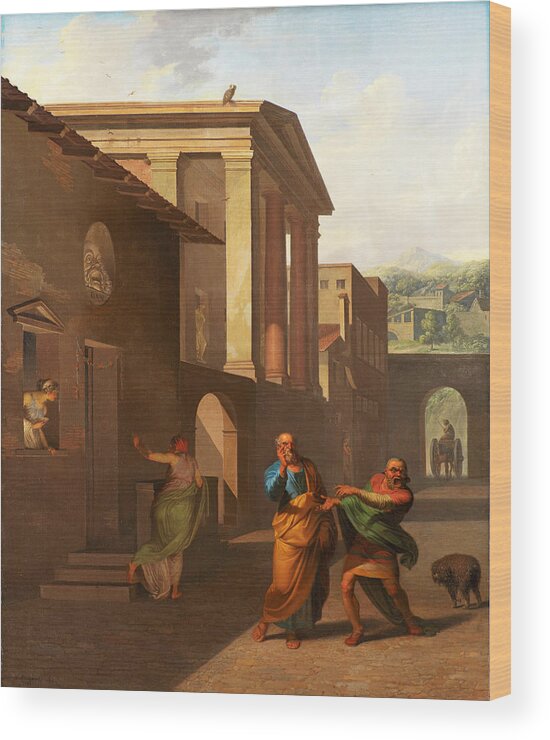 Nicolai Abraham Abildgaard Wood Print featuring the painting The Midwife Taking Leave of the girl from Andros. From Terence's Andria by Nicolai Abraham Abildgaard