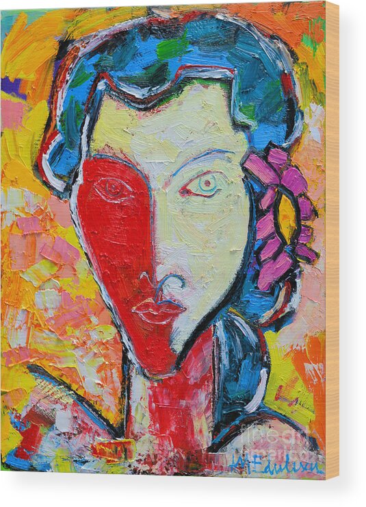 Portrait Wood Print featuring the painting The Red Half Expressionist Girl Portrait by Ana Maria Edulescu