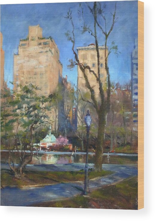 Toy Sailboat Wood Print featuring the painting The Sailboat Pond in Central Park by Peter Salwen