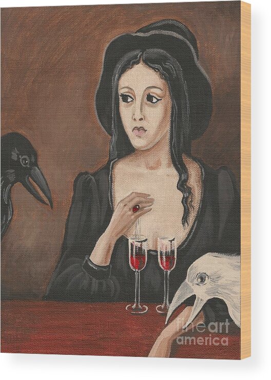 Ryta Wood Print featuring the painting The Witch and Two Ravens by Margaryta Yermolayeva