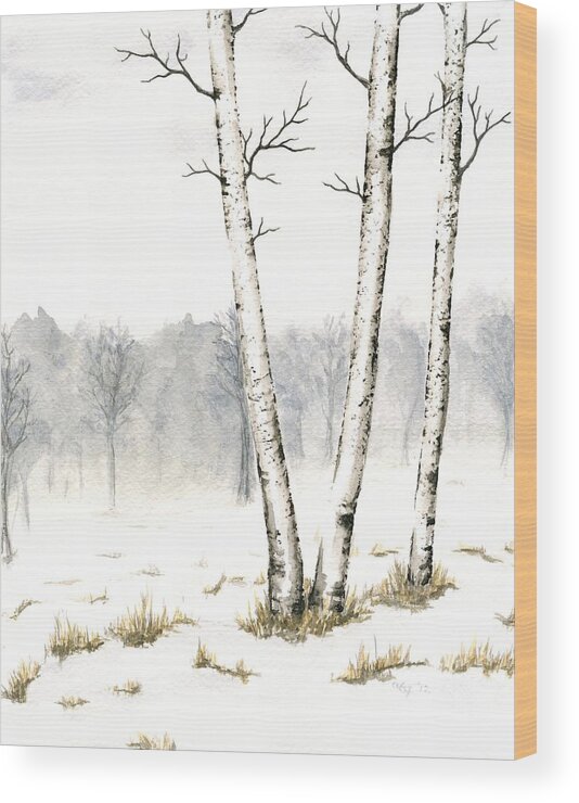 Trees Wood Print featuring the painting Three Birches in Late Winter by Anna Bronwyn Foley