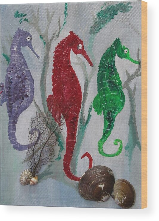 Seahorses Wood Print featuring the painting Three for One by Susan Voidets