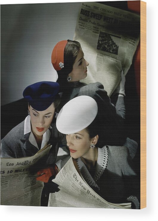 Accessories Wood Print featuring the photograph Three Models Wearing Assorted Hats by Horst P. Horst