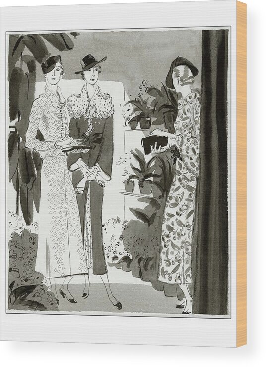 Hat Wood Print featuring the digital art Three Woman In A Garden Wearing Designer Dresses by Jean Pages