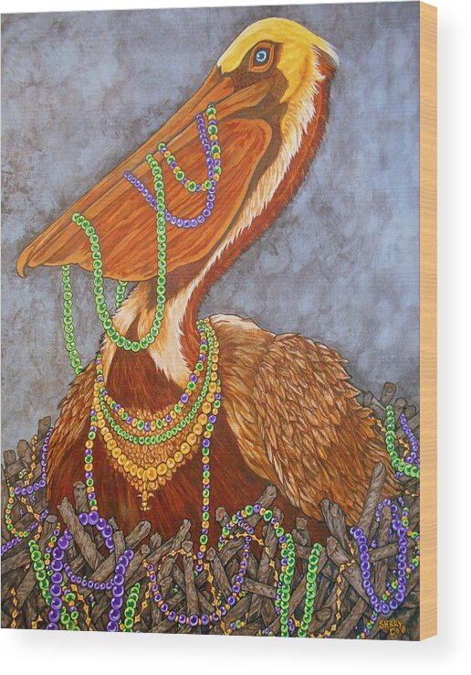 Pelican Wood Print featuring the painting Gimme More by Sherry Dole