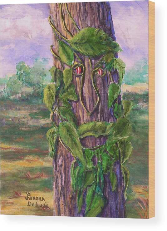 Tree Wood Print featuring the painting Tree with a Leaf Face Landscape Art by Lenora De Lude