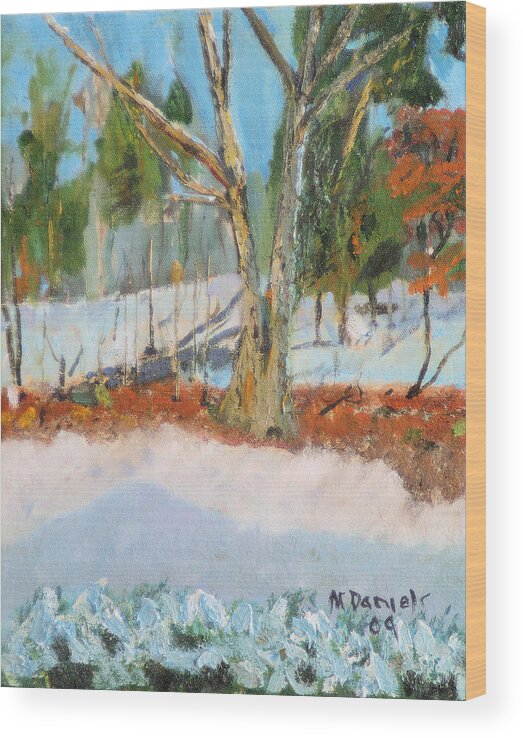 Tree Snow Winter Plein Air Forest Path Walk Wood Print featuring the painting Trees and Snow Plein Air by Michael Daniels