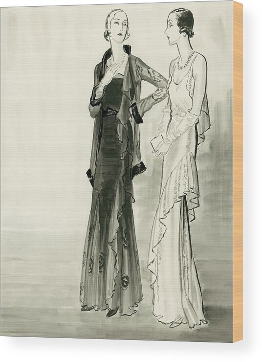 Fur Wood Print featuring the digital art Two Fashionable Young Women Wearing Evening by Rene Bouet-Willaumez