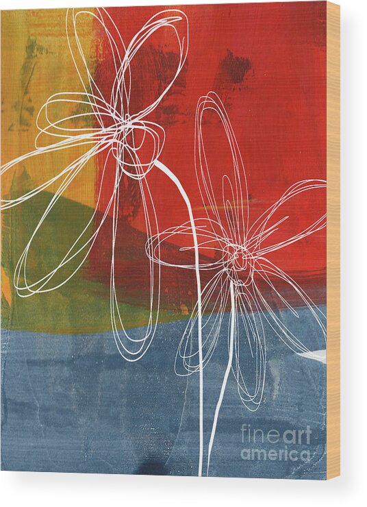 Abstract Wood Print featuring the painting Two Flowers by Linda Woods