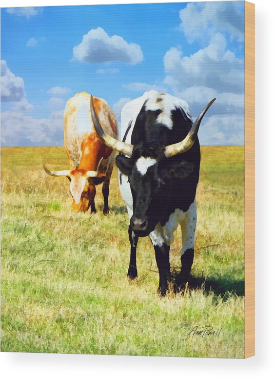 Longhorn Wood Print featuring the painting Two Longhorns Grazing by Ann Powell