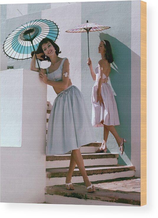 Fashion Wood Print featuring the photograph Two Models Posing With Parasols by Frances Mclaughlin-Gill
