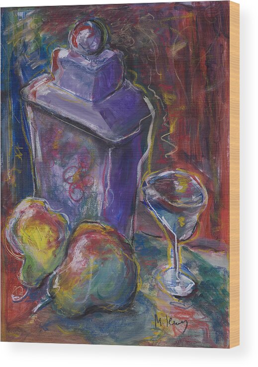 Still Life Wood Print featuring the painting Two pears and a purple jar by Maxim Komissarchik