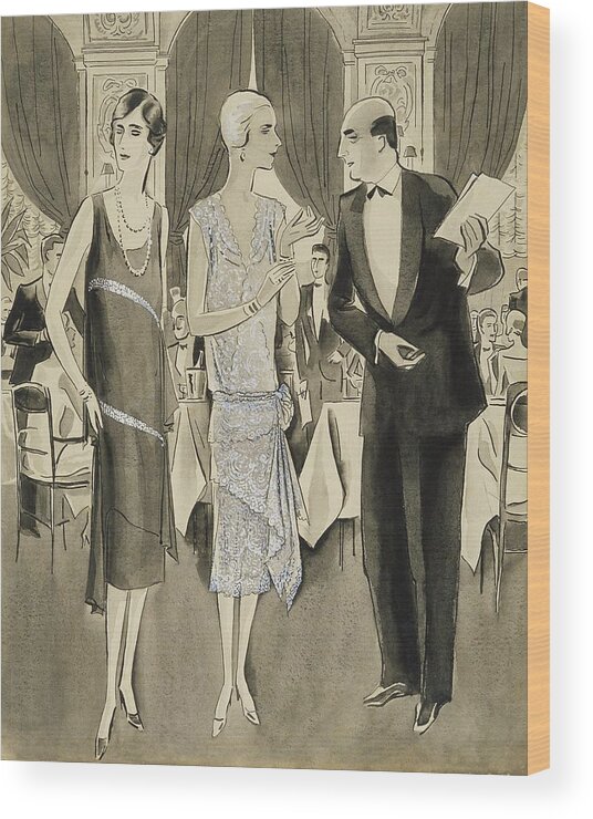 Fashion Wood Print featuring the digital art Two Women Wearing Crepe Elizabeth Dresses by William Bolin