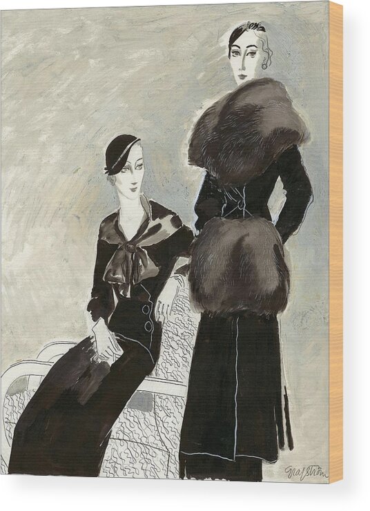 Fur Wood Print featuring the digital art Two Young Women: One Wearing A Fur Coat by R.S. Grafstrom