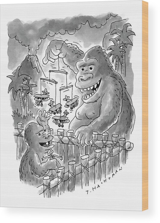 King Kong Wood Print featuring the drawing New Yorker March 13th, 2000 by Tom Hachtman