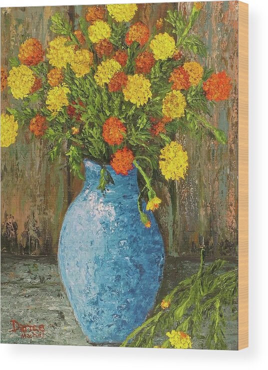 Impressionistic Wood Print featuring the painting Vase of Marigolds by Darice Machel McGuire