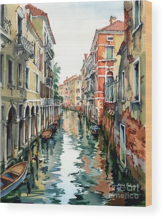 Venetian Canal Wood Print featuring the painting Venetian Canal VII by Maria Rabinky
