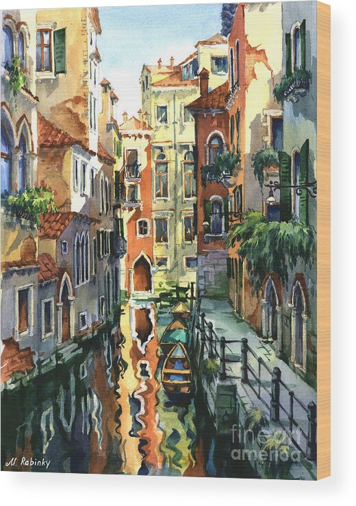 Venice Wood Print featuring the painting Venice Sunny Alley by Maria Rabinky
