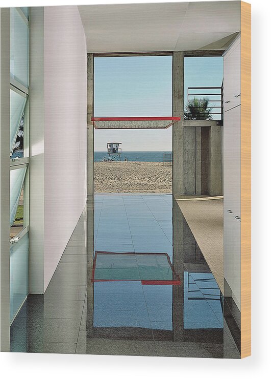 No Peopleindoorscolour Imagedayphotographysquaredoorlobbywallwindowbeachskylifeguard's Cabindistanttiled Floorceilinghome Interiorreflectionseahorizon Over Waterluxuryvacationsabsence #condenastarchitecturaldigestphotograph Wood Print featuring the photograph View Of Beach From Lobby by Mary E. Nichols