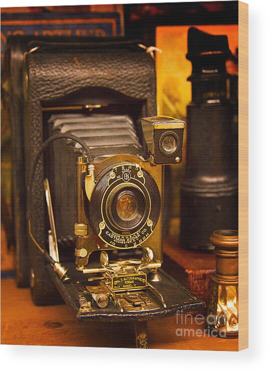 Antique Vintage Eastman Kodak Folding Camera Fine Art Photography Print Wood Print featuring the photograph Vintage Eastman Kodak Folding Camera by Jerry Cowart