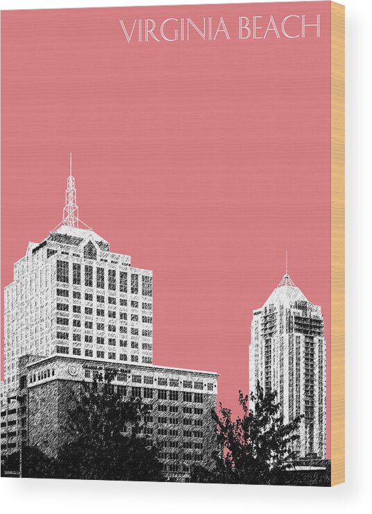 Architecture Wood Print featuring the digital art Virginia Beach Skyline - Light Red by DB Artist