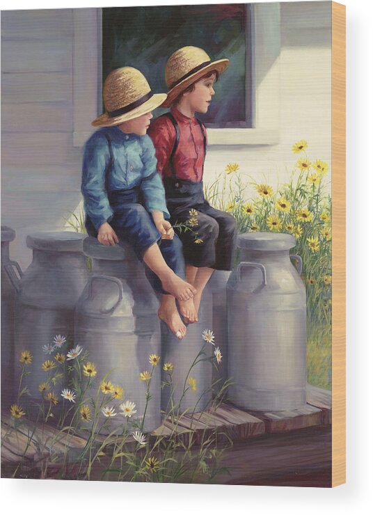 Amish Wood Print featuring the painting Waiting for Mama by Laurie Snow Hein