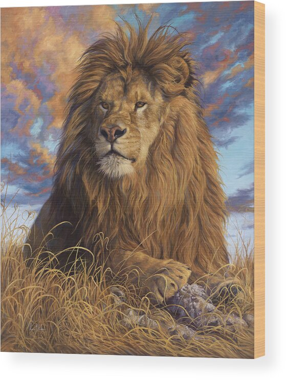 Lion Wood Print featuring the painting Watchful Eyes by Lucie Bilodeau