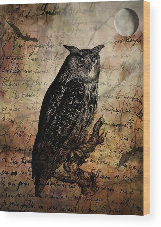 Collage Wood Print featuring the digital art Wise Old Owl by Lora Mercado